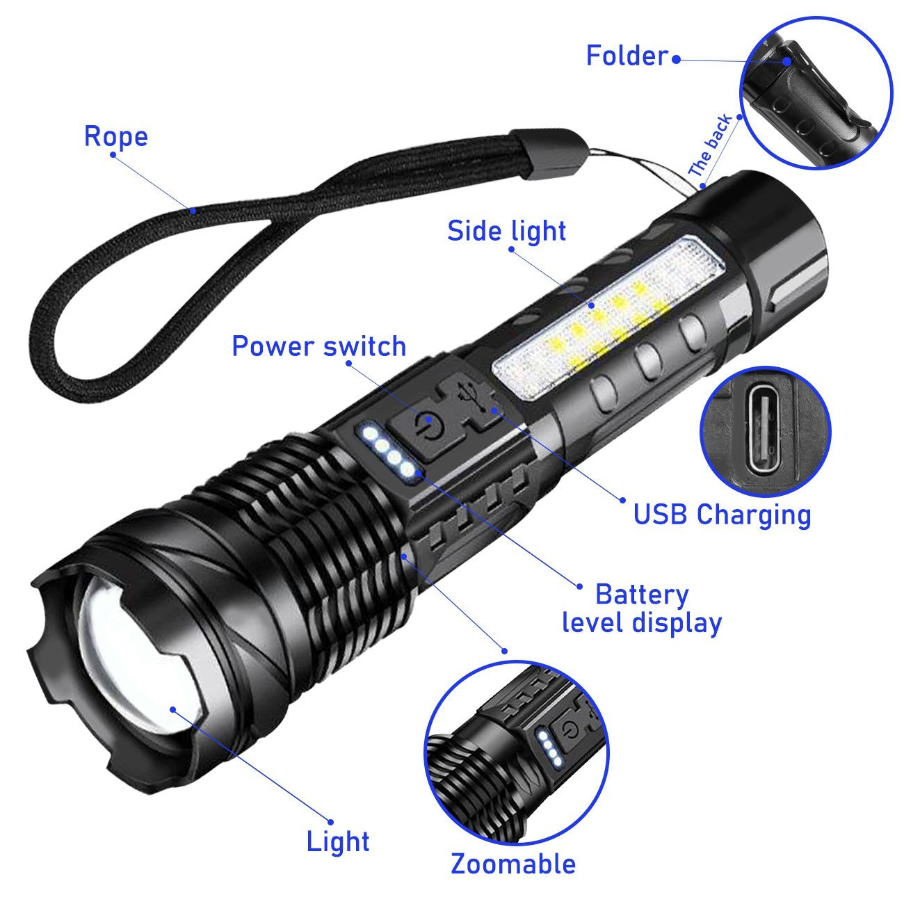 Rechargeable LED Flashlight Tactical Torch Police Super Bright Work Light Lamp Red White Blue 3 Light USB Charging